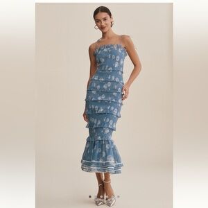 V. Chapman Blue Tiered Floral Midi Dress
